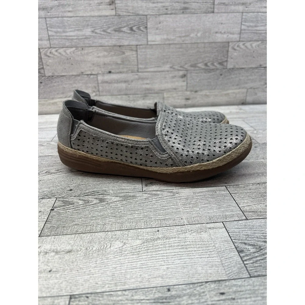 Women's Clarks Elaina Ruby Slip-On Leather Espadrille Shoes Silver Pewter Sz 6.5